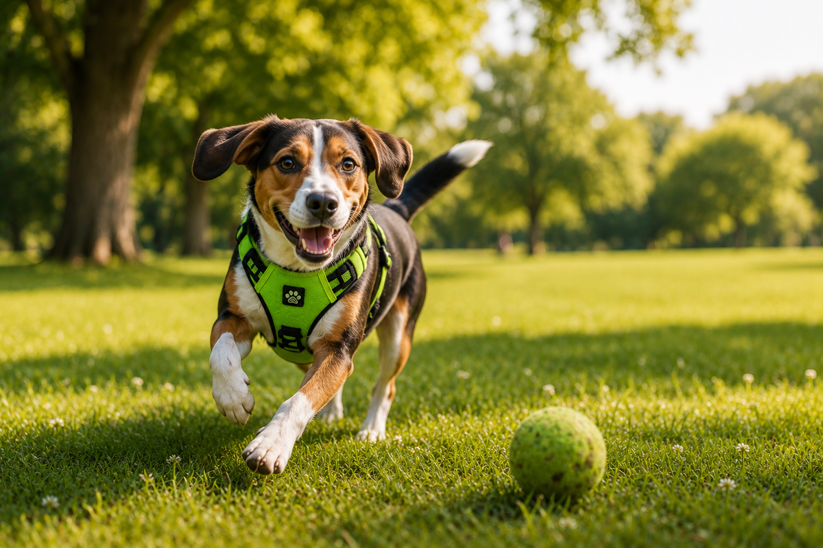 Energieke Jack Russell met Pawlio hondenharnas rent achter een bal aan in een groen park