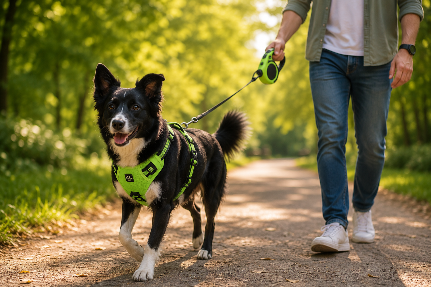 Border Collie met Pawlio hondenharnas tijdens een ontspannen wandeling in een groene natuurlijke omgeving