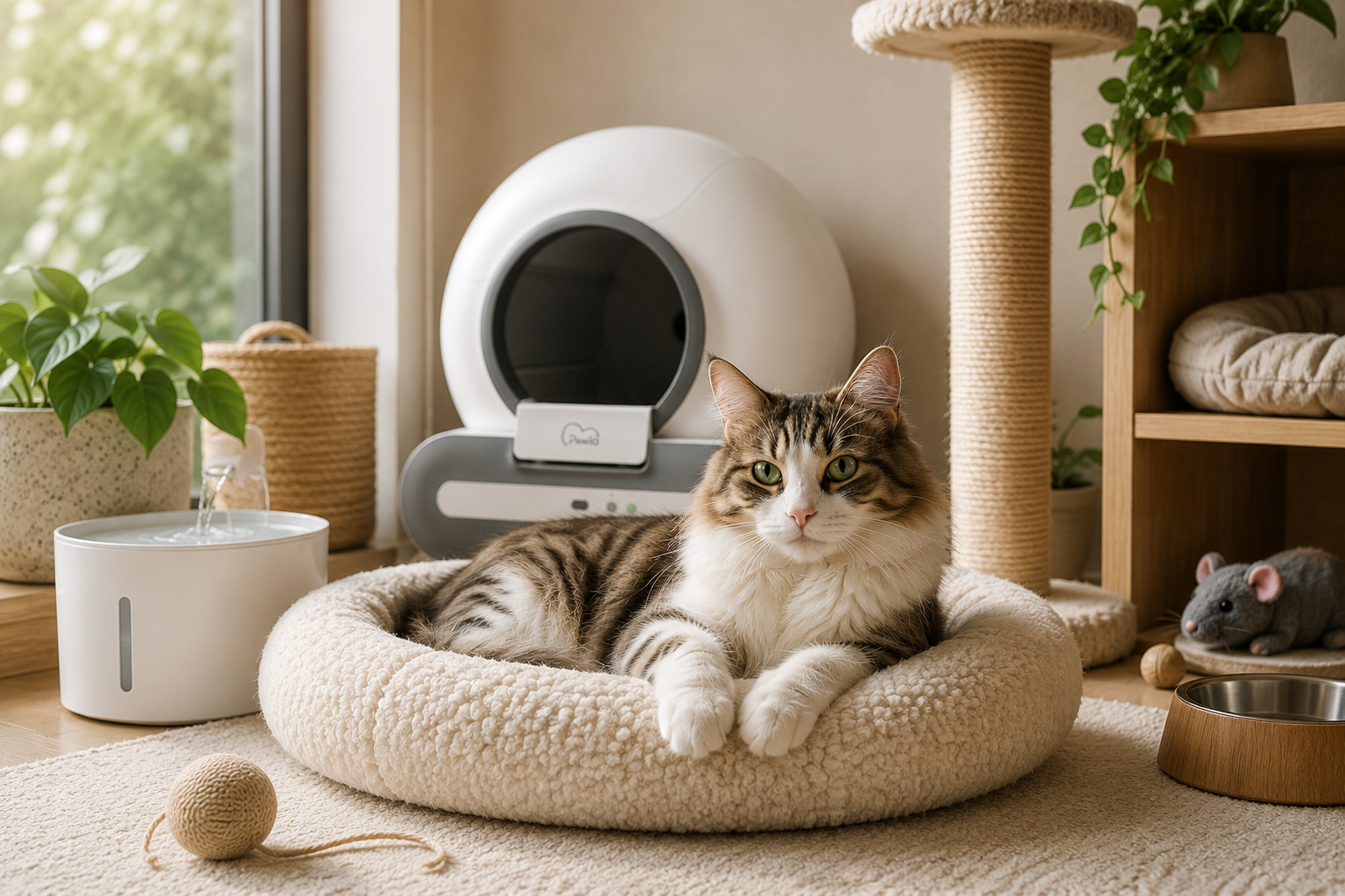 Kat in een comfortabel kattenbed met automatische kattenbak, drinkfontein en premium kattenaccessoires van Pawlio.