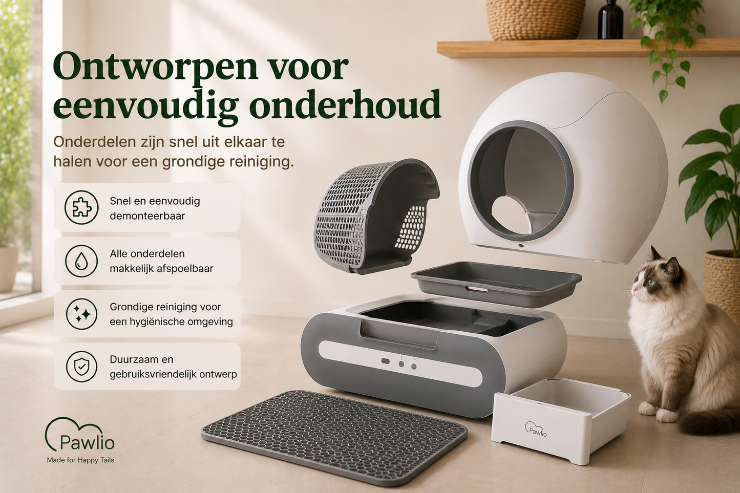 Pawlio slimme kattenbak met eenvoudig uitneembare onderdelen voor snel onderhoud