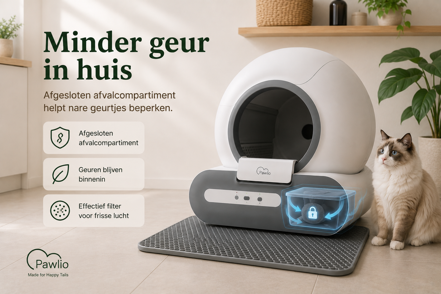 Pawlio zelfreinigende kattenbak met afgesloten afvalcompartiment voor minder geurtjes