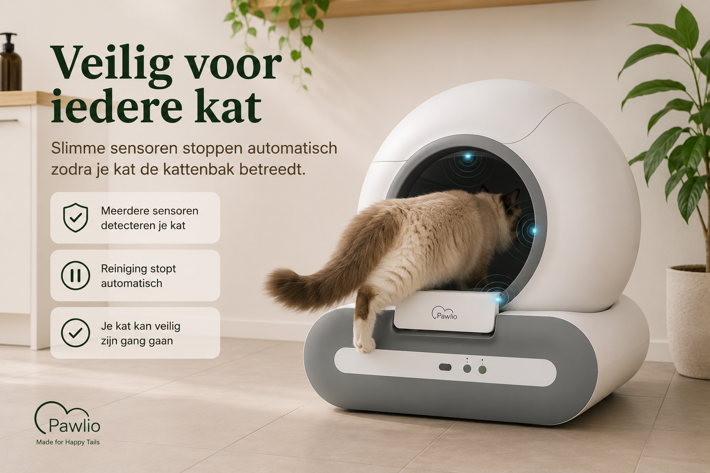 Pawlio slimme kattenbak met veiligheidssensoren voor een veilige automatische reiniging