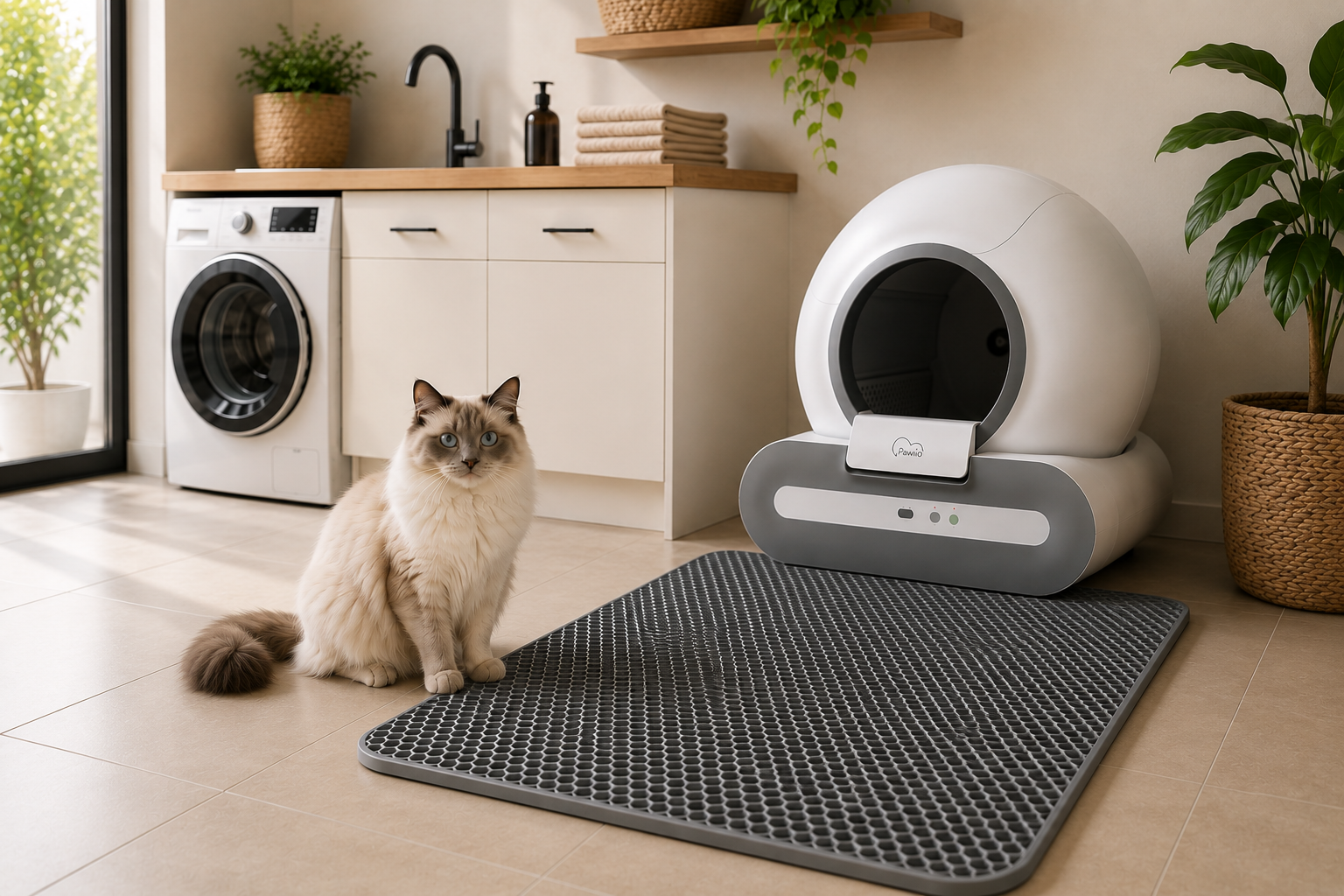 Pawlio kattenbakmat van heavy duty EVA voor een Pawlio SmartLitter kattenbak met een Ragdoll kat in een moderne woning.