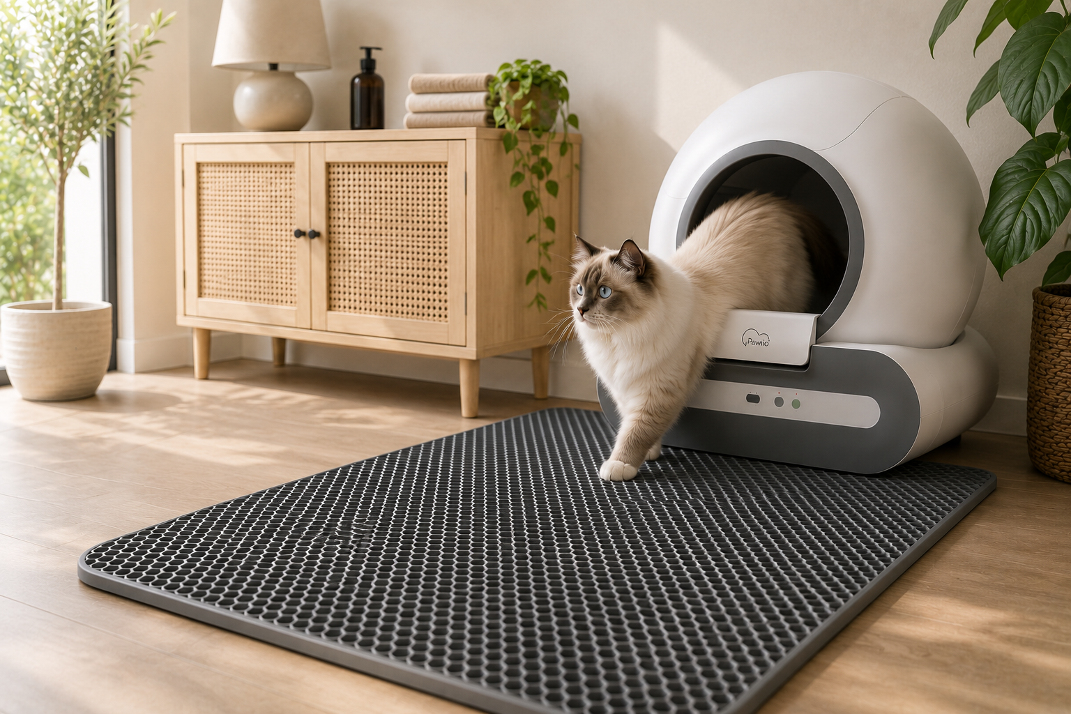 Ragdoll kat verlaat de Pawlio SmartLitter en stapt op de Pawlio kattenbakmat van heavy duty EVA die kattengruis opvangt.