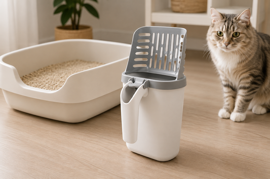 Pawlio kattenbakschep met geïntegreerde opvangbak en navulzakken naast een kattenbak voor hygiënisch en snel uitscheppen.
