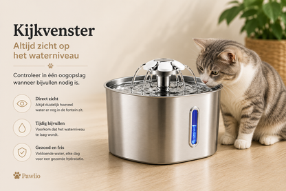 Pawlio 2,2L roestvrijstalen drinkfontein met kijkvenster voor het eenvoudig controleren van het waterniveau.
