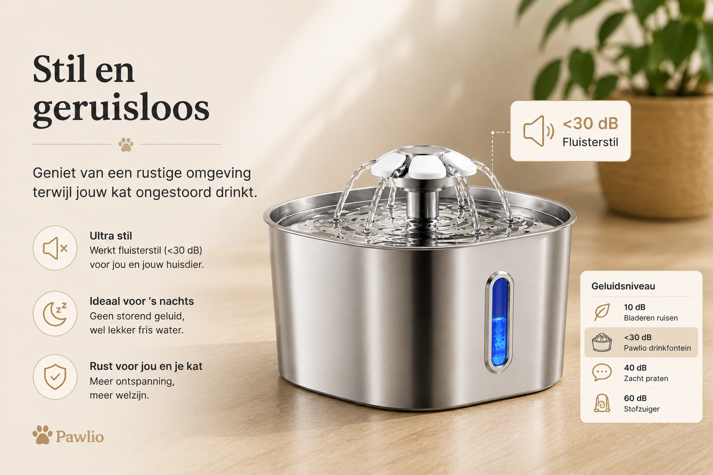 Pawlio 2,2L roestvrijstalen drinkfontein met fluisterstille werking en zichtbaar waterniveau voor honden en katten.