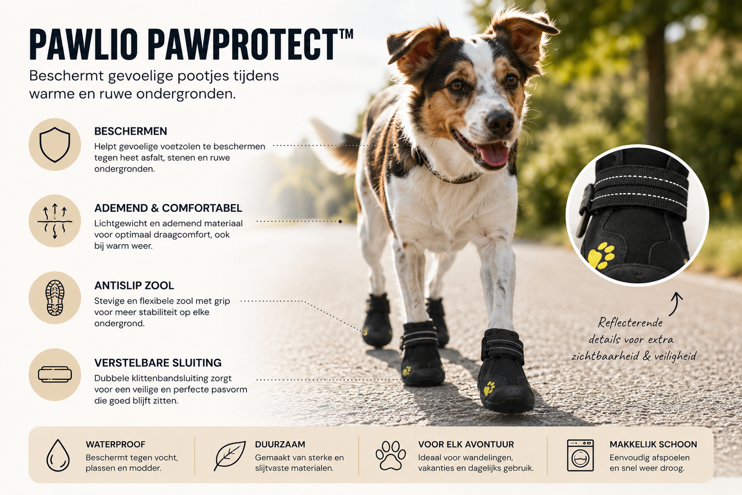 Pawlio PawProtect hondenschoenen beschermen gevoelige hondenpoten tegen heet asfalt, stenen en ruwe ondergronden dankzij een antislip zool, verstelbare sluiting en waterafstotend ontwerp.