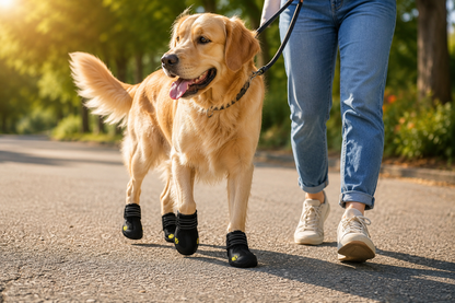 Golden Retriever draagt Pawlio PawProtect hondenschoenen tijdens een wandeling op warm asfalt om de voetzolen te beschermen tegen hitte.