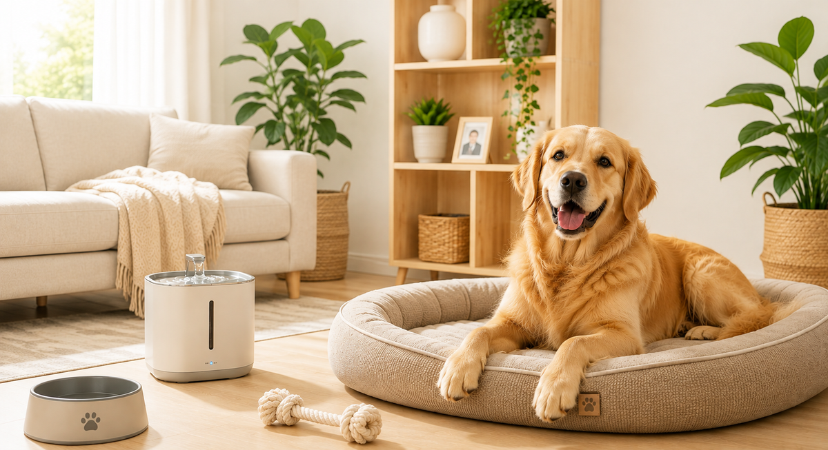 Pawlio Pure Dogs – hond ontspannen in een comfortabel hondenbed met drinkfontein en voerbak in een modern interieur