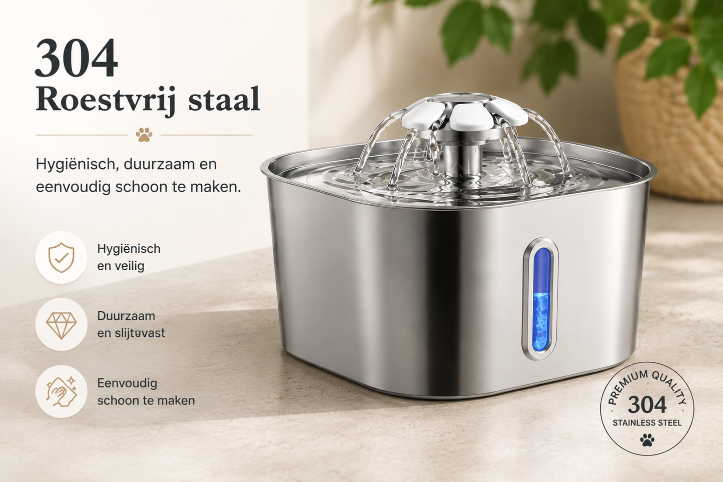 Pawlio 304 roestvrijstalen drinkfontein voor honden en katten met hygiënisch en duurzaam ontwerp.