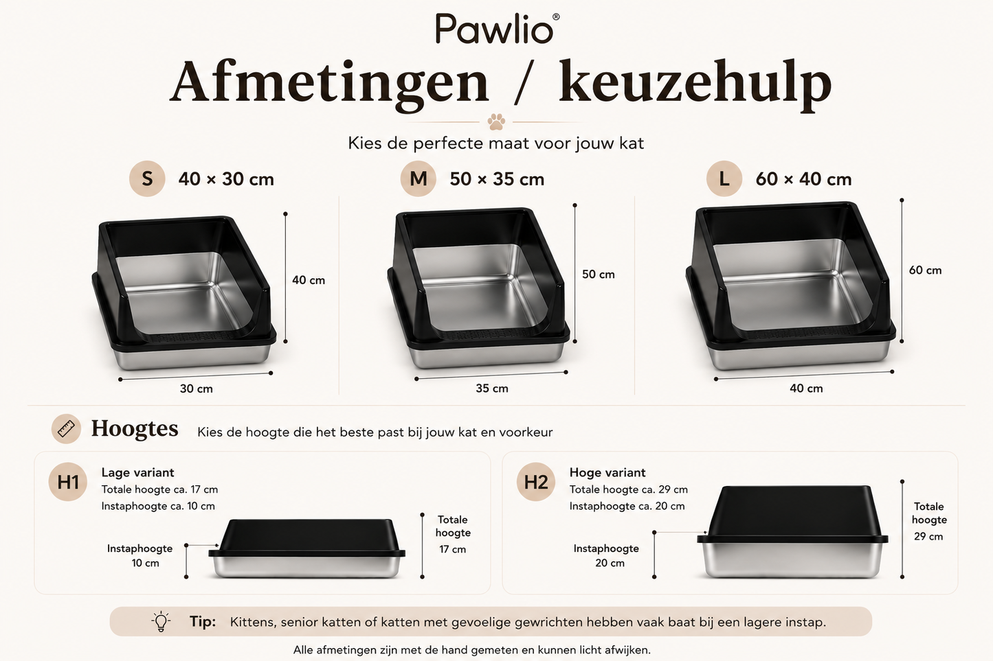 Pawlio RVS ComfortKattenbak afmetingen en keuzehulp in S, M en L met lage en hoge variant