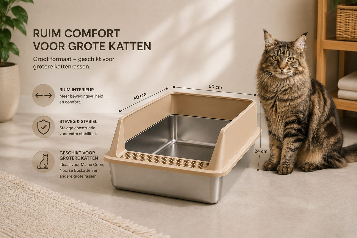 Pawlio RVS ComfortKattenbak met ruim formaat voor grote kattenrassen, zoals Maine Coon en Noorse Boskat