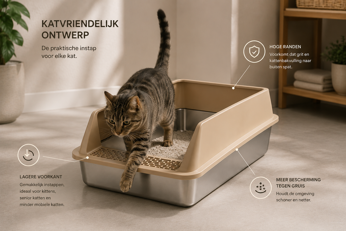 Pawlio RVS ComfortKattenbak met lage instap en hoge randen voor gemakkelijk gebruik en minder verspreiding van kattenbakvulling