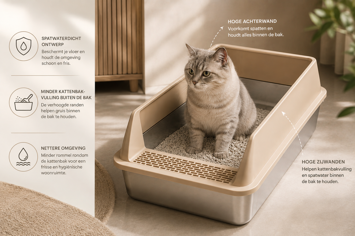 Pawlio RVS ComfortKattenbak met verhoogde randen en spatwaterdicht ontwerp
