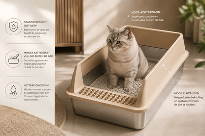 Pawlio RVS ComfortKattenbak met verhoogde randen en spatwaterdicht ontwerp