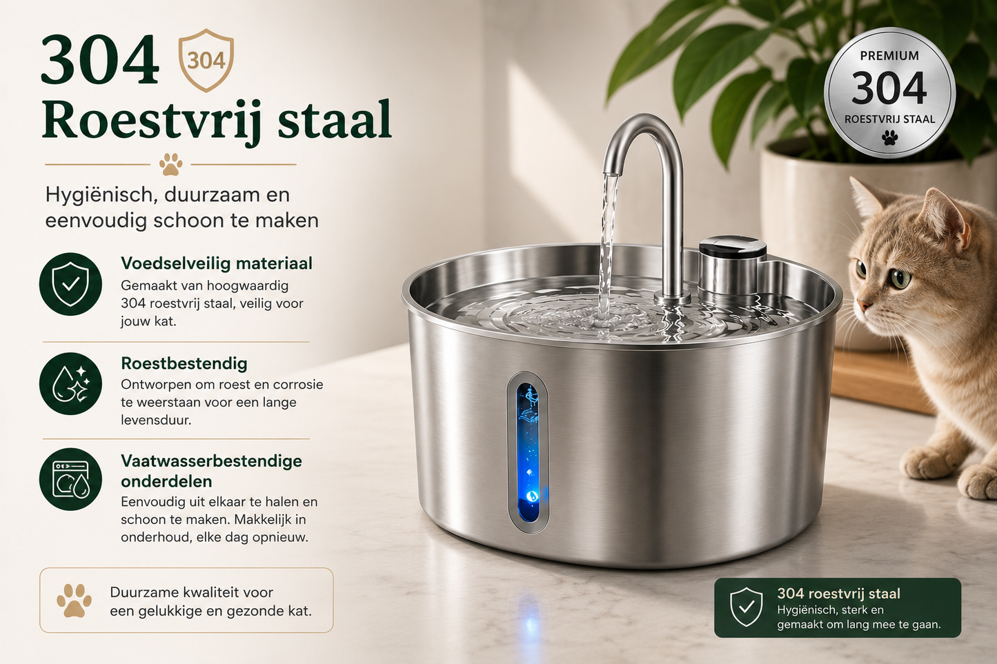 Pawlio drinkfontein van 304 roestvrij staal voor katten