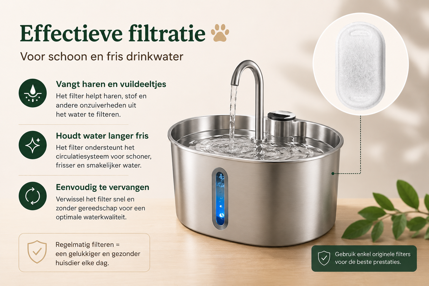 Pawlio roestvrijstalen drinkfontein met effectief filtersysteem