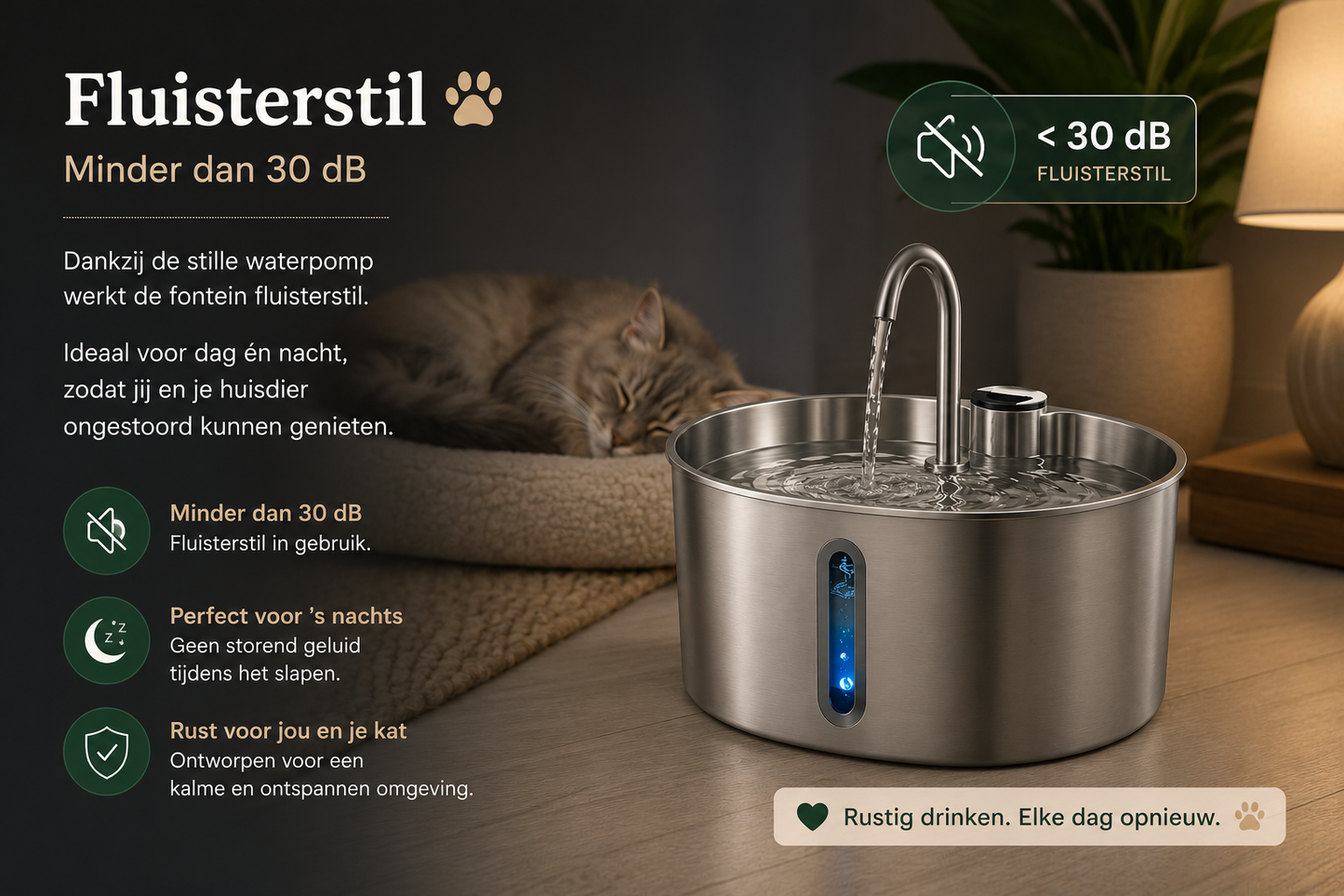 Fluisterstille Pawlio drinkfontein van roestvrij staal