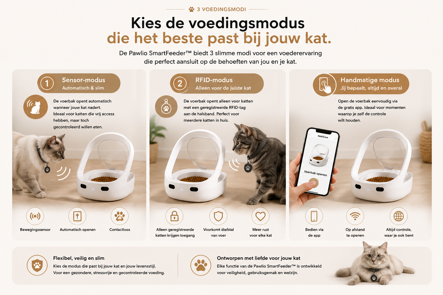 Pawlio SmartFeeder met drie slimme voedingsmodi: automatische sensormodus, RFID-herkenning voor de juiste kat en handmatige bediening via de gratis app.