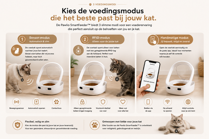 Pawlio SmartFeeder met drie slimme voedingsmodi: automatische sensormodus, RFID-herkenning voor de juiste kat en handmatige bediening via de gratis app.