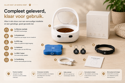 Pawlio SmartFeeder compleet geleverd met slimme voerbak, koelelement, 2 RFID-tags, halsband, USB-C-kabel en handleiding voor katten.
