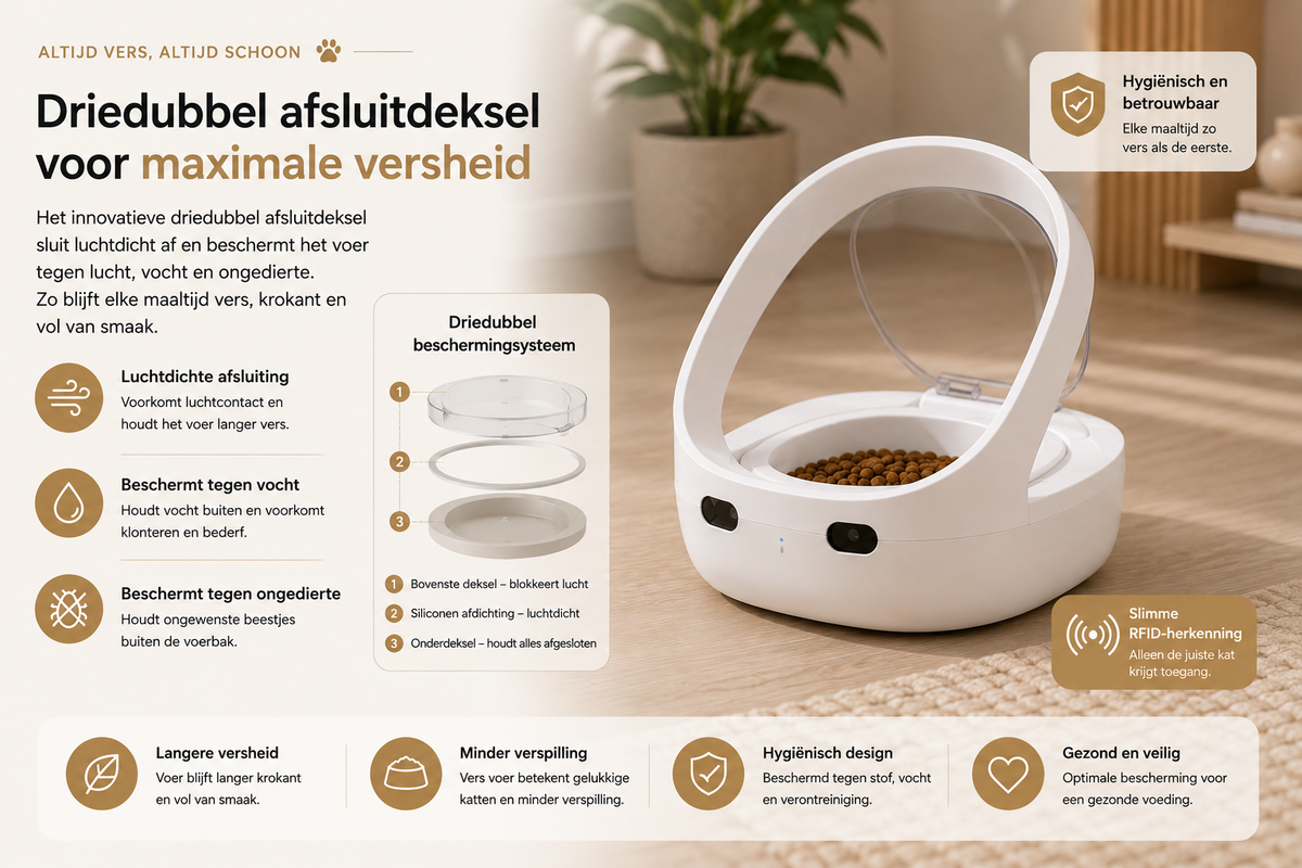 Pawlio SmartFeeder™ met driedubbel afsluitdeksel beschermt het voer tegen lucht, vocht en ongedierte, zodat elke maaltijd langer vers blijft.