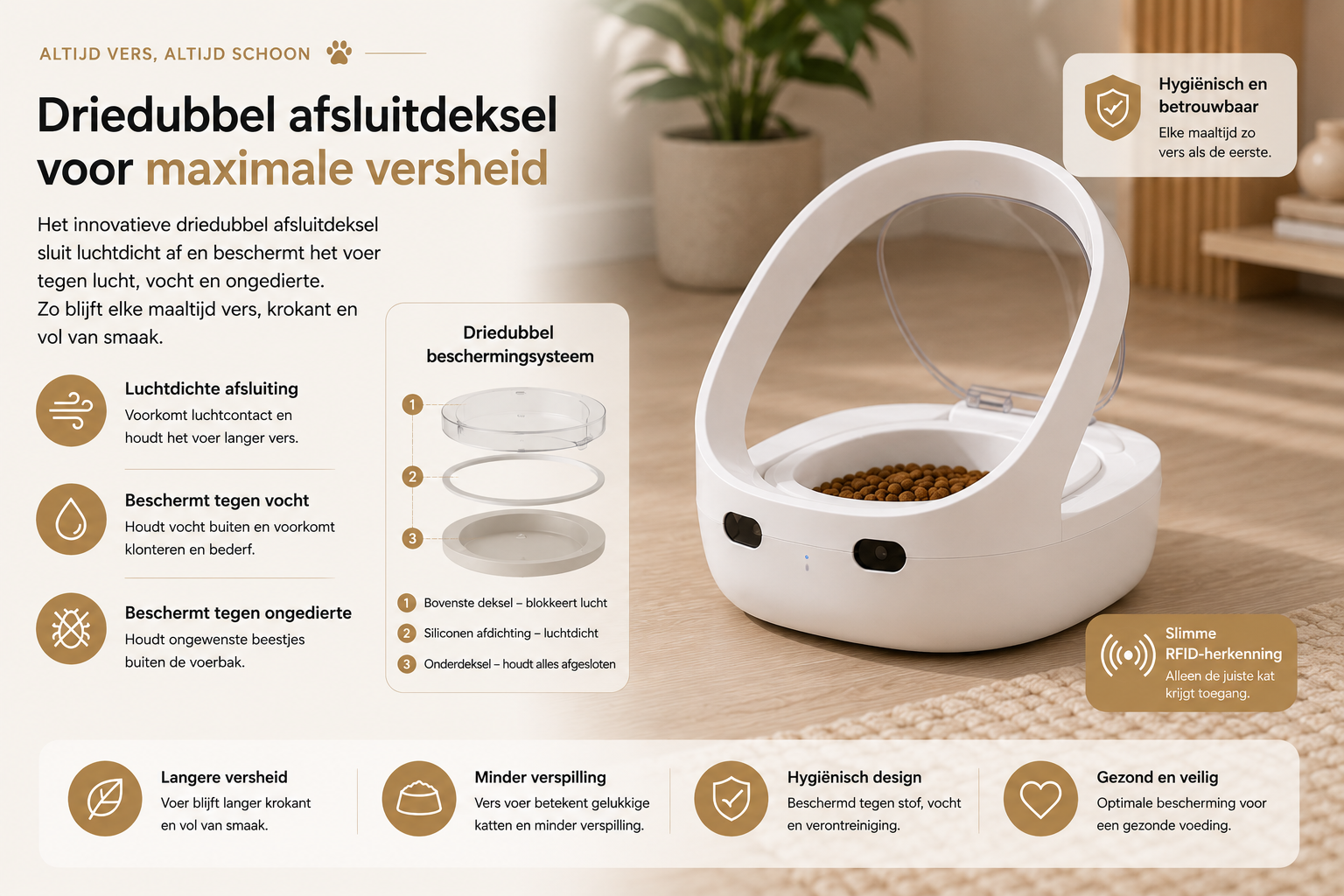 Pawlio SmartFeeder™ met driedubbel afsluitdeksel beschermt het voer tegen lucht, vocht en ongedierte, zodat elke maaltijd langer vers blijft.