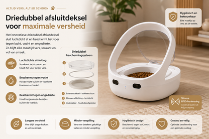 Pawlio SmartFeeder™ met driedubbel afsluitdeksel beschermt het voer tegen lucht, vocht en ongedierte, zodat elke maaltijd langer vers blijft.