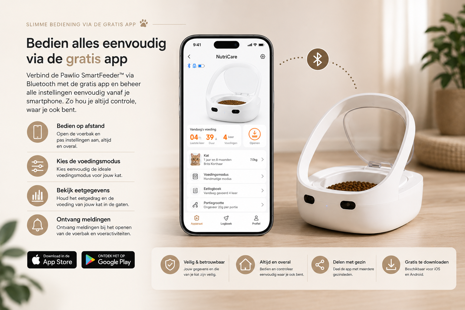 Bedien de Pawlio SmartFeeder™ eenvoudig via de gratis smartphone-app en beheer de voeding van jouw kat waar je ook bent.