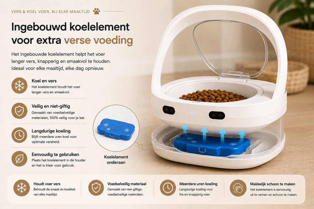 Pawlio SmartFeeder met ingebouwd koelelement onder de voerbak dat nat- en droogvoer langer vers, koel en smaakvol helpt houden.