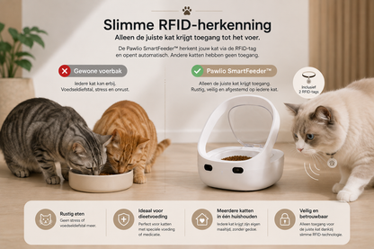 Pawlio SmartFeeder™ met RFID-herkenning zorgt ervoor dat alleen de juiste kat toegang krijgt tot zijn eigen voer.