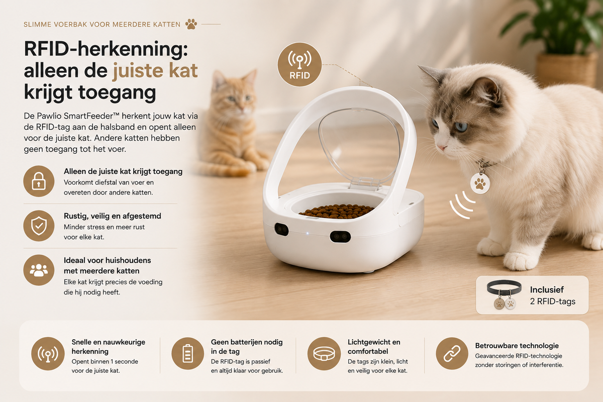 Pawlio SmartFeeder™ met RFID-herkenning opent automatisch zodat alleen de juiste kat toegang krijgt tot zijn eigen voer.