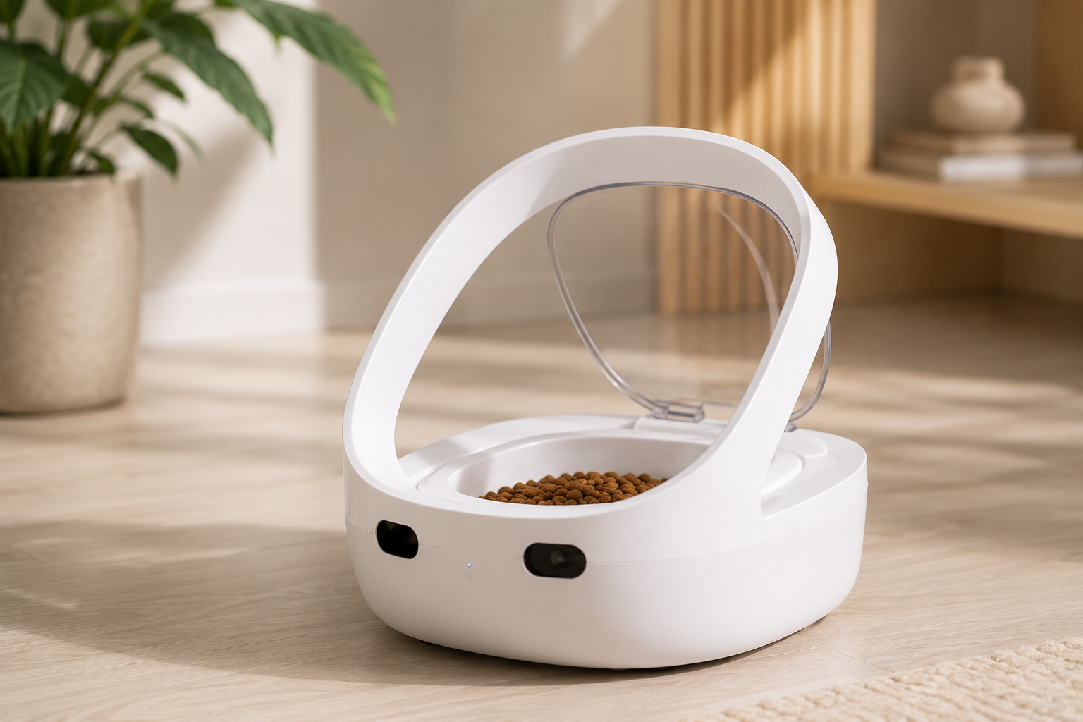 Pawlio SmartFeeder™ slimme voerbak voor katten met RFID-herkenning in een moderne keuken.