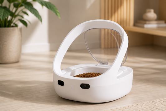 Pawlio SmartFeeder™ slimme voerbak voor katten met RFID-herkenning in een moderne keuken.