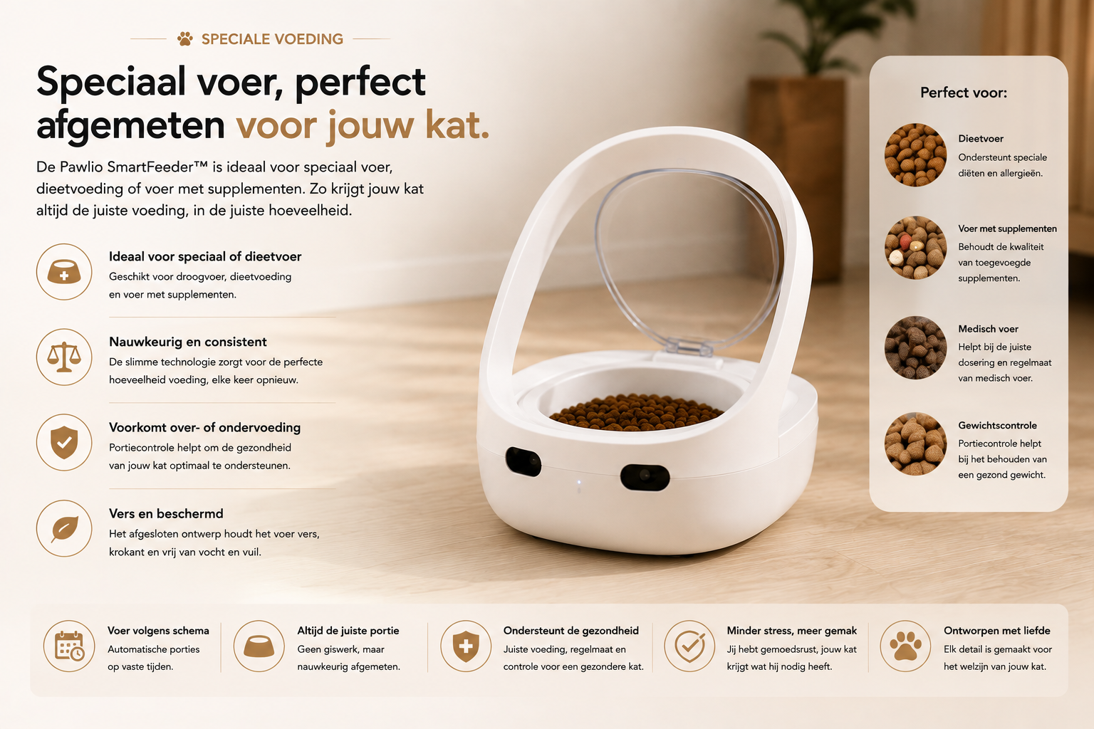 Pawlio SmartFeeder automatische voerbak voor katten met portiecontrole, ideaal voor speciale voeding, dieetvoer en medicatie.