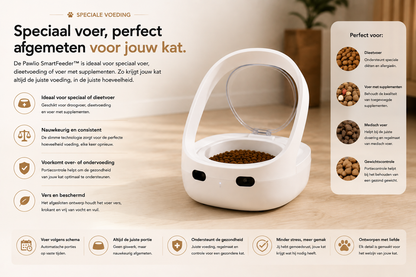 Pawlio SmartFeeder automatische voerbak voor katten met portiecontrole, ideaal voor speciale voeding, dieetvoer en medicatie.