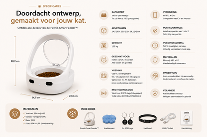 Technische specificaties van de Pawlio SmartFeeder automatische kattenvoerbak met afmetingen, capaciteit, RFID-herkenning, Bluetooth-app, USB-C voeding, BPA-vrije materialen en meegeleverde accessoires.