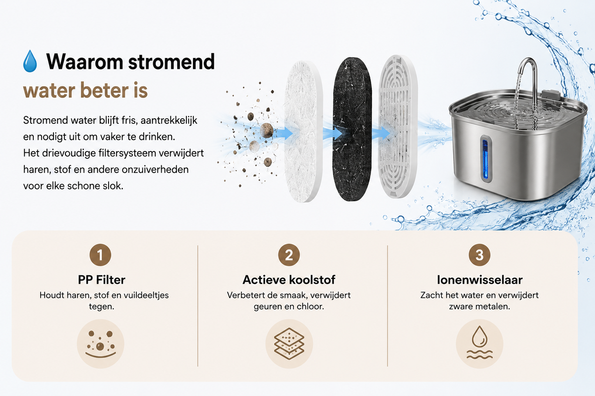 Drievoudig filtersysteem van de Pawlio SmartFountain Pro 7L met PP-filter, actieve koolstof en ionenwisselaar voor schoon, fris en gefilterd drinkwater.