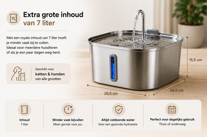 Pawlio SmartFountain Pro 7L roestvrijstalen drinkfontein met extra grote waterinhoud van 7 liter, ideaal voor meerdere katten en honden.