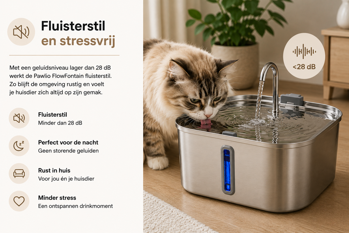 Pawlio SmartFountain Pro 7L fluisterstille drinkfontein met minder dan 28 dB geluidsniveau voor een rustige drinkervaring voor katten en honden.