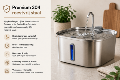 Pawlio SmartFountain Pro 7L gemaakt van premium 304 roestvrij staal, hygiënisch, duurzaam, BPA-vrij en eenvoudig schoon te maken.