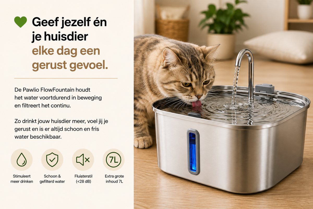 Kat drinkt uit de Pawlio SmartFountain Pro 7L roestvrijstalen drinkfontein met stromend en gefilterd water voor een gezonde dagelijkse hydratatie.