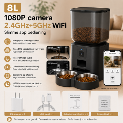 Pawlio SmartView™ 8L slimme voerautomaat met 1080P camera, 2.4GHz en 5GHz wifi en app-bediening