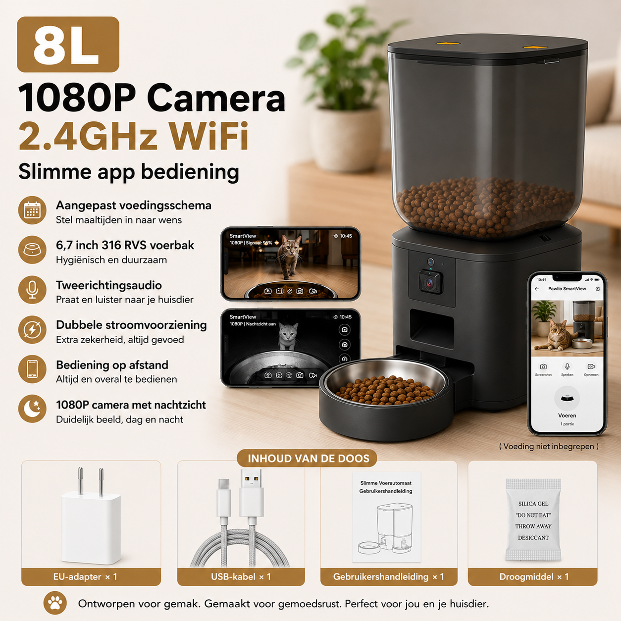 Pawlio SmartView™ 8L slimme voerautomaat met 1080P camera, wifi, app-bediening en nachtzicht