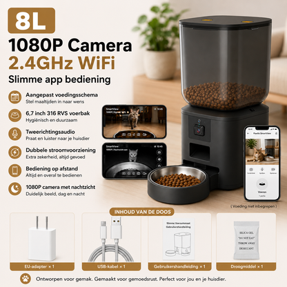 Pawlio SmartView™ 8L slimme voerautomaat met 1080P camera, wifi, app-bediening en nachtzicht