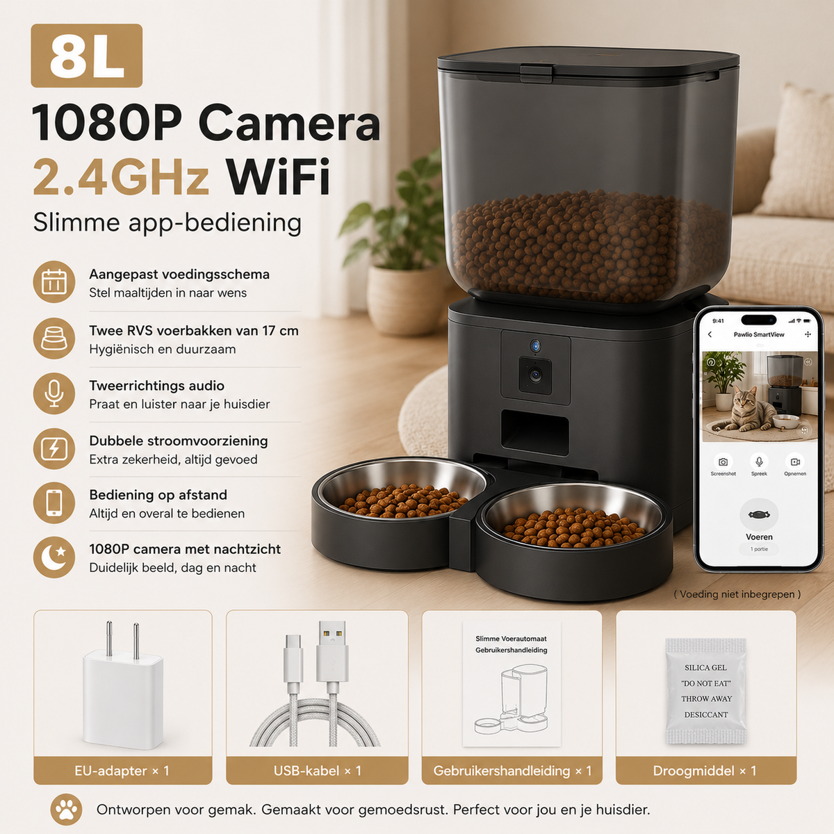 Pawlio SmartView 8L slimme voerautomaat met 1080P HD-camera, WiFi, app-bediening en nachtzicht