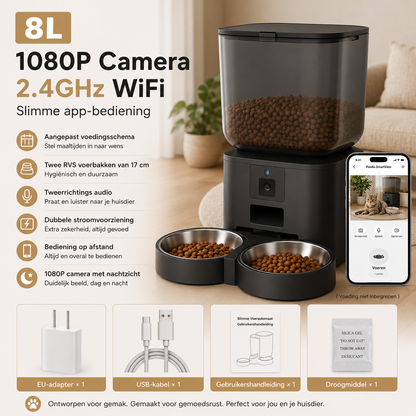 Pawlio SmartView 8L slimme voerautomaat met 1080P HD-camera, WiFi, app-bediening en nachtzicht