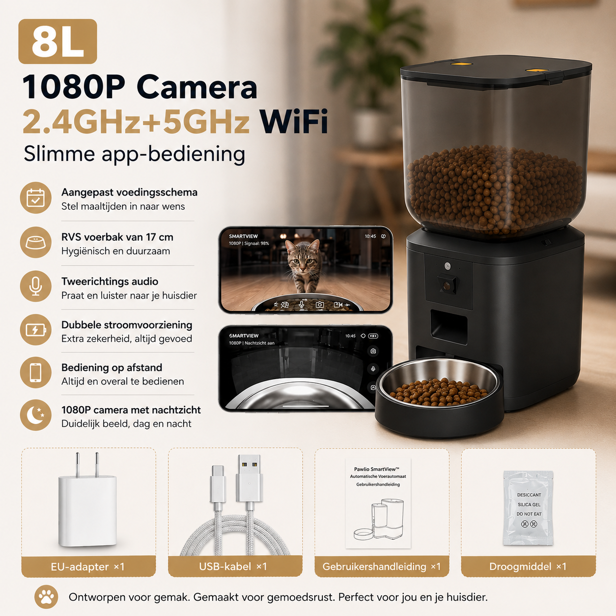 Pawlio SmartView slimme voerautomaat met 8L capaciteit, 1080P camera, WiFi, app-bediening en accessoires