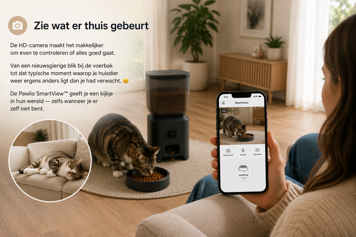 Pawlio SmartView™ automatische voerautomaat met HD-camera en app waarmee je jouw huisdier op afstand kunt bekijken